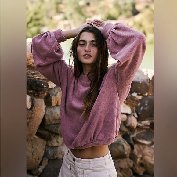 Free People Beach Happy Balloon Sleeve Pullover Sweater Pink Mauve- Size Medium - Picture 1 of 11